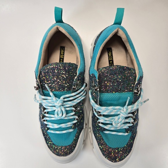 Chase and Chloe Glitter Chunky Sneakers Womens 8.5 Turquoise Y2K NEW NWOB - Picture 6 of 9